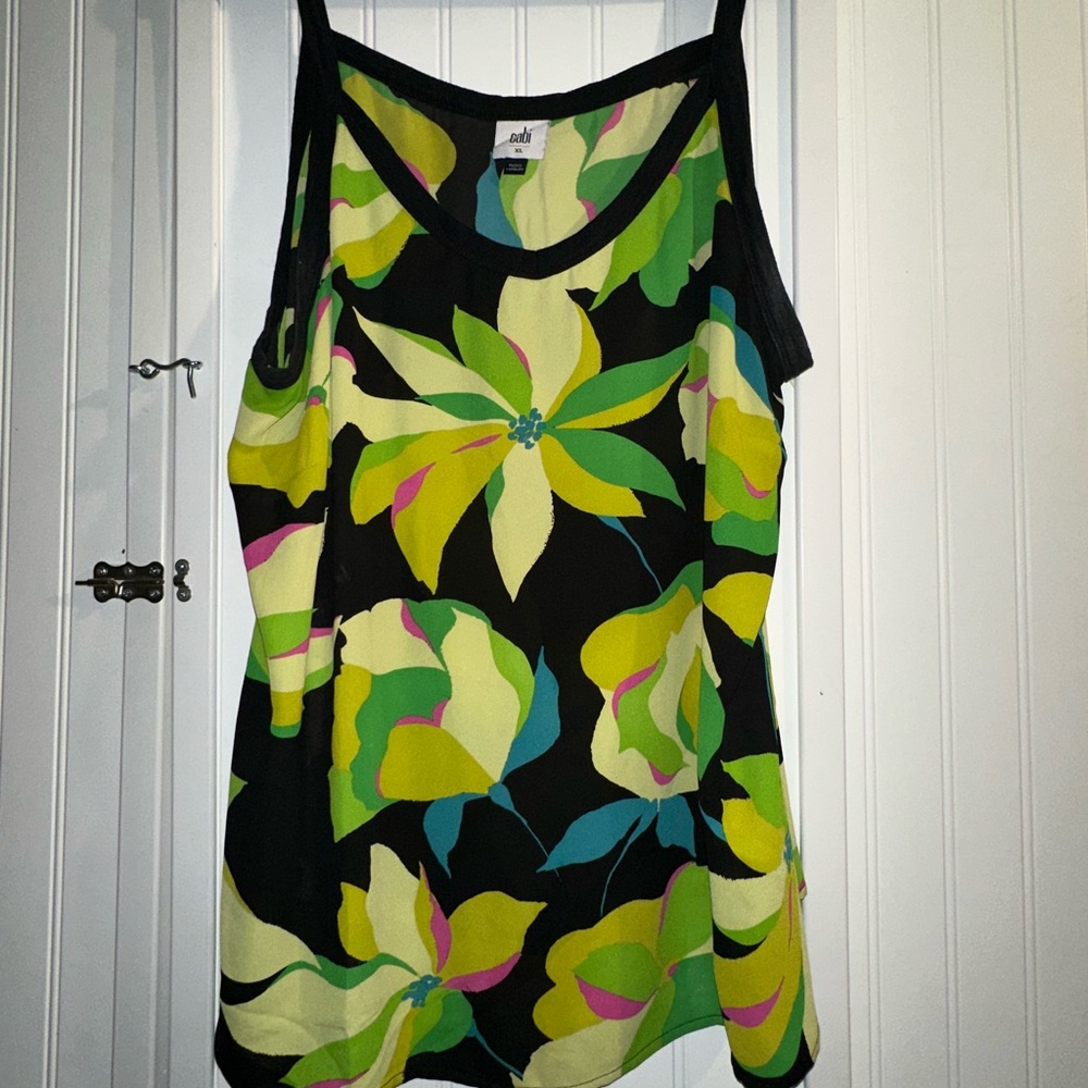 CAbi Tropic Tank Black Floral Tank Top with Green and Yellow Accents